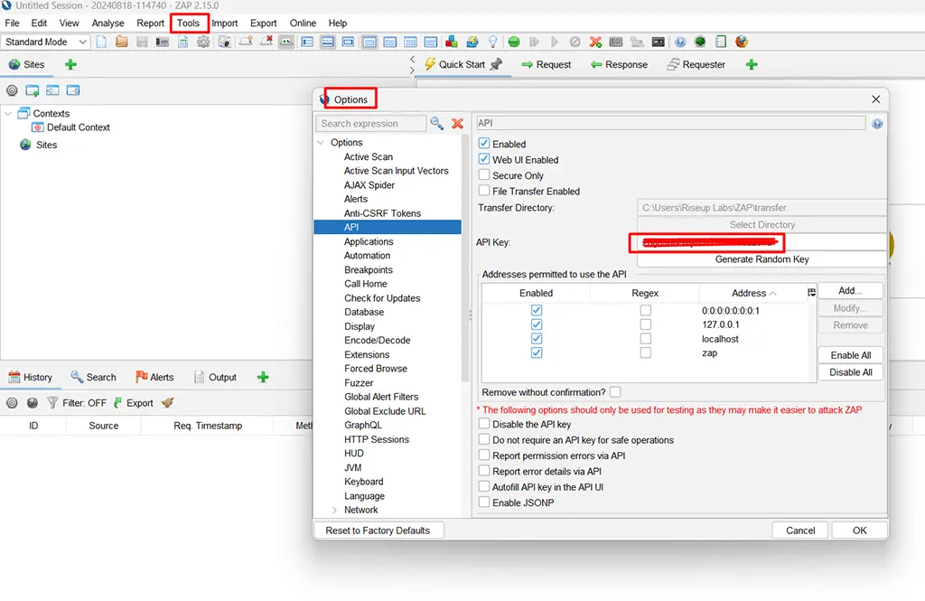 ZAP Api key